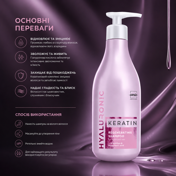 Шампунь для ломких и поврежденных волос Unic Hyaluronic Keratin Regenerating Shampoo 500 мл 00-00024329 фото