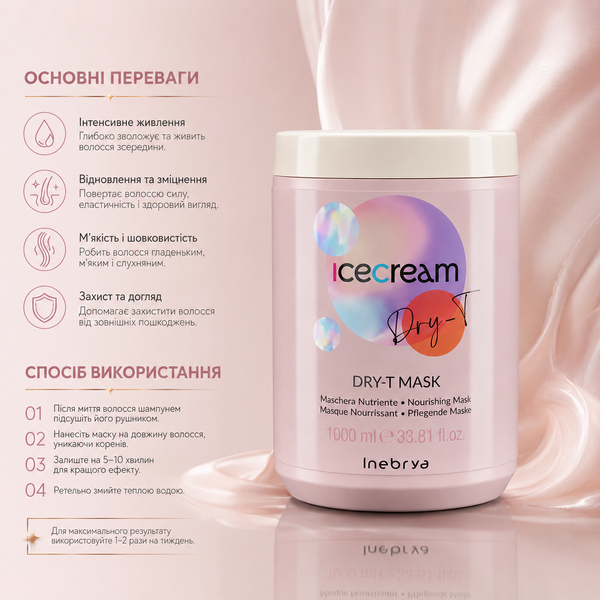 Маска для сухого, кучерявого й фарбованого волосся Inebrya Dry-T Mask 1000 мл 00-00021336 фото