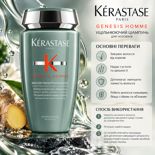 Шампунь для густоты волос мужчин Kerastase Genesis Homme Bain de Masse Epaississant 250 мл 00-00020524 фото