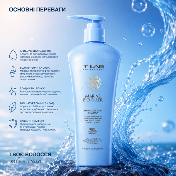 Шампунь для волос с гидролизованным коллагеном T-Lab Marine Bio-Filler Hydra Collagen Shampoo 300 мл 00-00025007 фото
