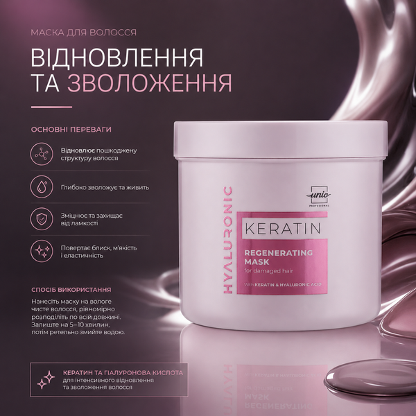 Маска для відновлення ламкого та пошкодженого волосся Unic Keratin Hyaluronic 500 мл 00-00024328 фото