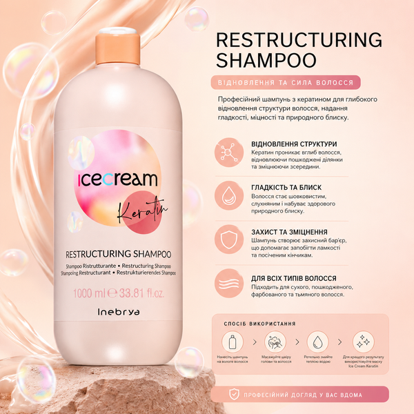 Шампунь відновлюючий з кератином Inebrya Keratin Restructuring Shampoo 1000 мл 00-00021364 фото